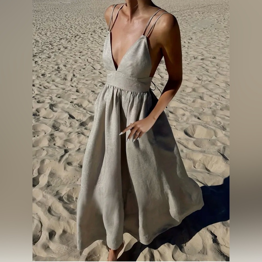 Temu Deep V Double Strap Backless Taupe Grey Midi Dress, Size L